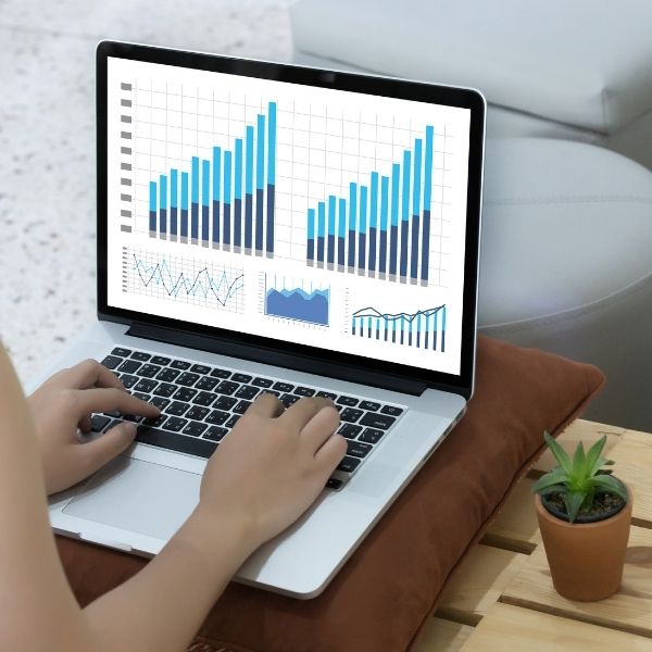 Woman looks big data analytics dashboard on laptop