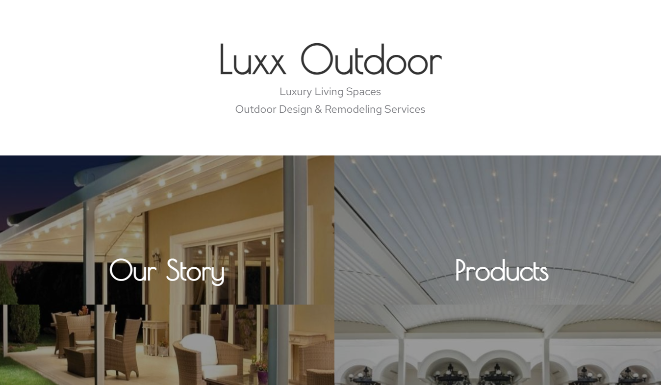 Web site design shows Luxx Outdoor Our Story and Products pages