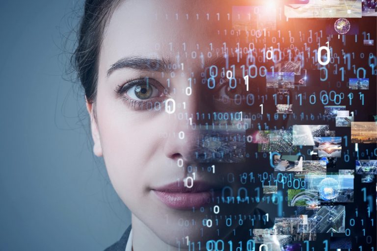 A woman with half her face covered with some data for data visualization