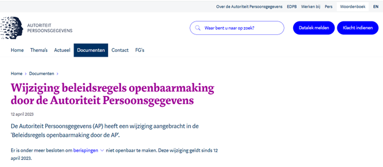 Image of The Netherlands' GDPR authority Autoriteit Persoonsgegevens website homepage